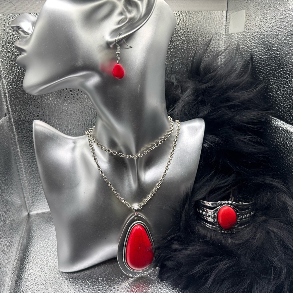 Bold Red Teardrop Necklace, Earrings & Ring Set - Women Jewelry